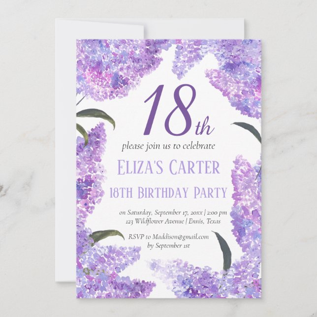 Invitation Purple Lilac 18ème Floral Elégant Anniversaire (Devant)