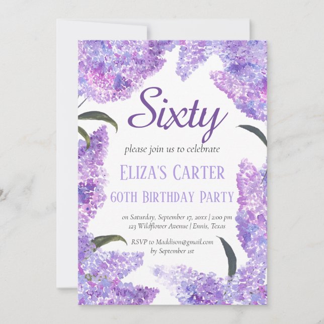 Invitation Purple Lilac 60ème Floral Elégant Anniversaire (Devant)