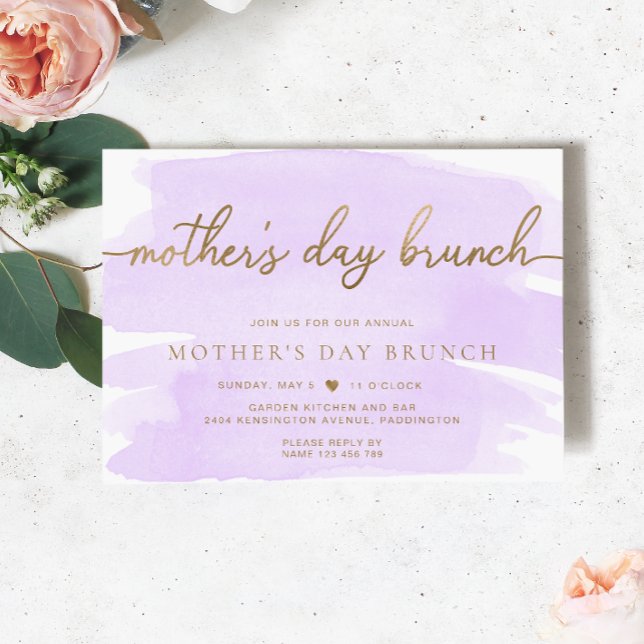 Invitation Purple Lilac Aquarelle Fête des Mères Brunch (Mothers Day Brunch Invitation Purple Watercolour Gold )