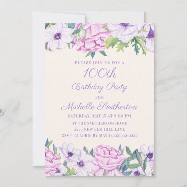 Invitation Purple Lilac Fleurs 100e anniversaire (Devant)