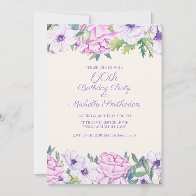 Invitation Purple Lilac Fleurs 60e fête d'anniversaire (Devant)