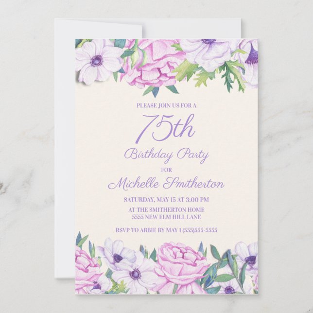 Invitation Purple Lilac Fleurs 75e fête d'anniversaire (Devant)