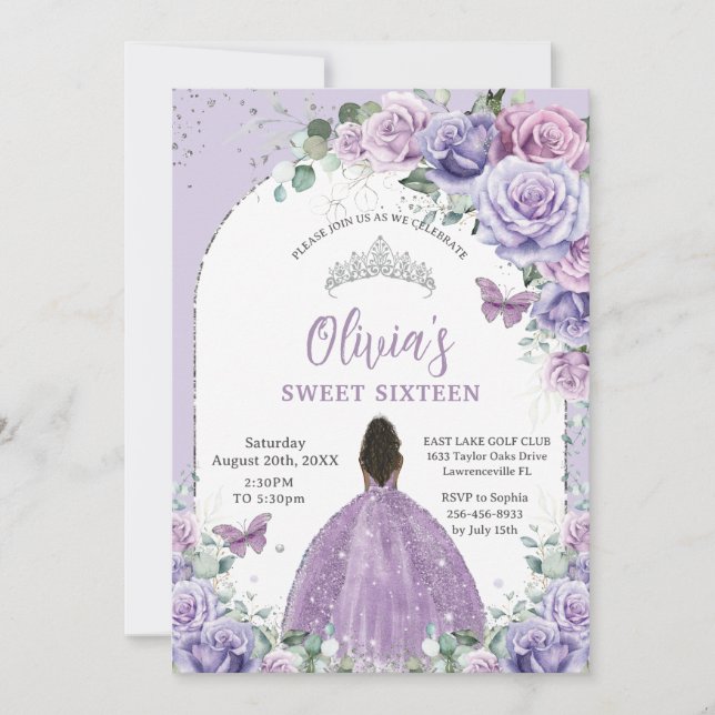 Invitation Purple Lilac Floral Brown fille douce 16 Anniversa (Devant)