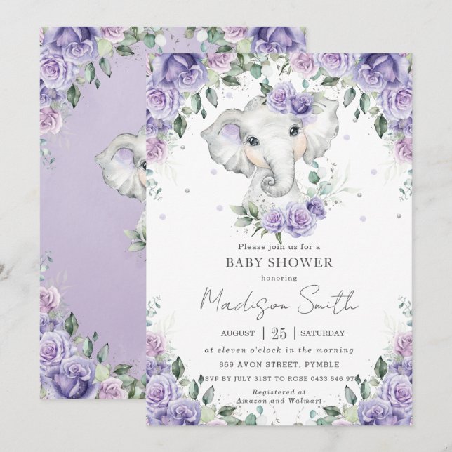 Invitation Purple Lilac Floral Cute Elephant Baby shower (Devant / Derrière)