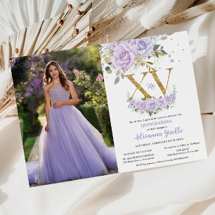 Invitation Purple Lilac Floral Gold XV Quinceañera 15 Photo