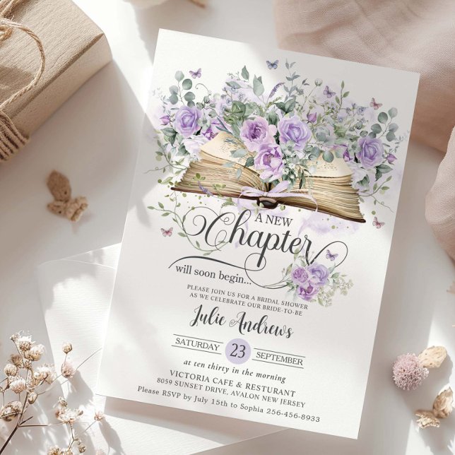 Invitation Purple Lilac Floral Livre Nouveau Chapitre Fête de (purple-lilac-floral-butterflies-vintage-book-a-new-chapter-will-soon-begin-bridal-shower-invitation)