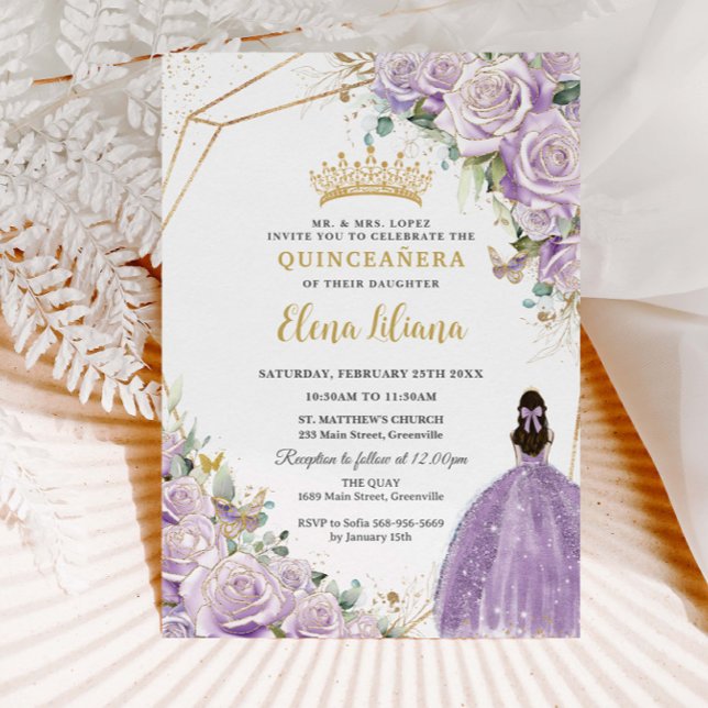 Invitation Purple Lilac Floral Princess Gold Quinceañera XV (Créateur téléchargé)