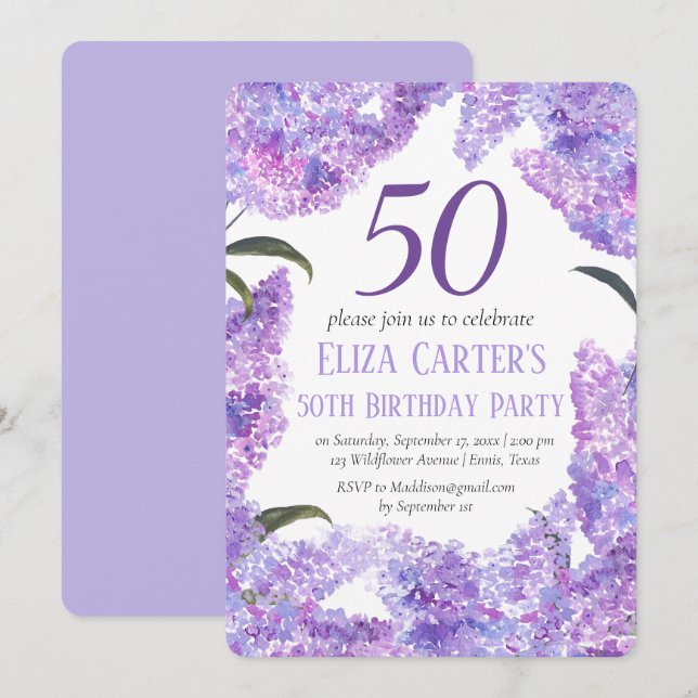 Invitation Purple Lilac Flowers 50e anniversaire Fleur sauvag (Devant / Derrière)
