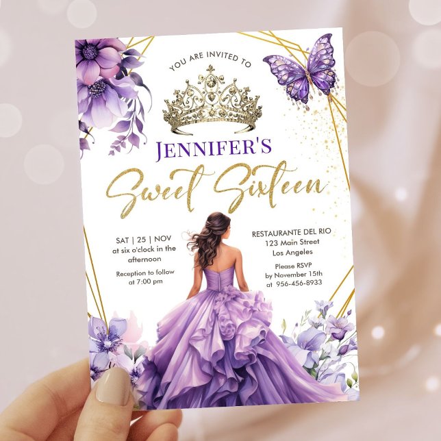 Invitation Purple Lilac Girl Princess Tiara Floral Sweet 16 (Créateur téléchargé)