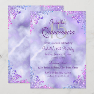 Invitation Purple Lilac Quinceanera 15e argent Pearl Damask