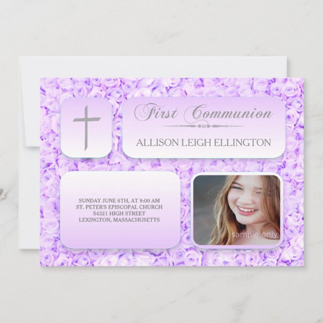 Invitation Purple Lilac Roses Irst Communion Photo personnali (Devant)