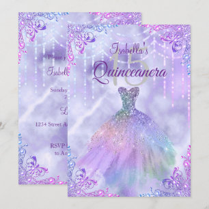 Invitation Purple Lilac Silver Pearl Gown Quinceanera Parti