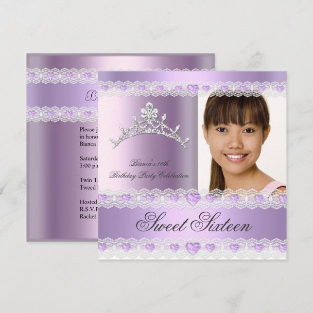 Invitation Purple Lilac Tiara Sweet sixteen 16 Anniversaire (Devant / Derrière)