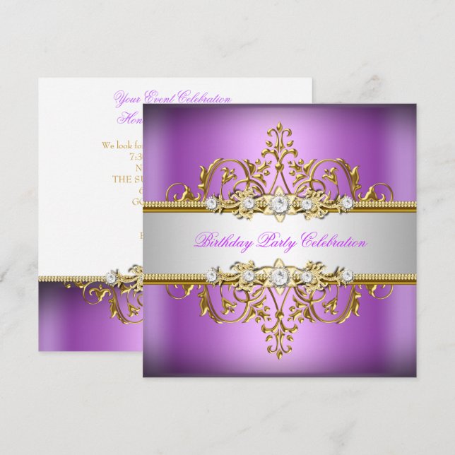 Invitation Purple Lilac White Gold Silver fête d'anniversaire (Devant / Derrière)