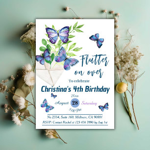Invitation Purple lilas & papillon bleu thème 4e anniversaire