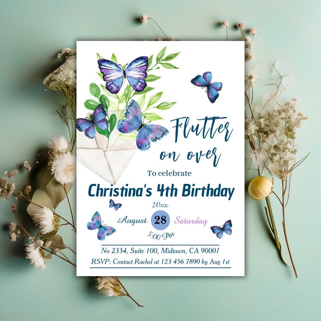 Invitation Purple lilas & papillon bleu thème 4e anniversaire (Créateur téléchargé)