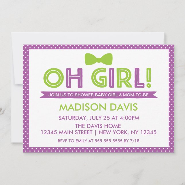 Invitation Purple & Lime Green Polka Dot Oh Baby shower fille (Devant)