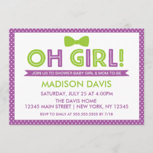 Invitation Purple & Lime Green Polka Dot Oh Baby shower fille