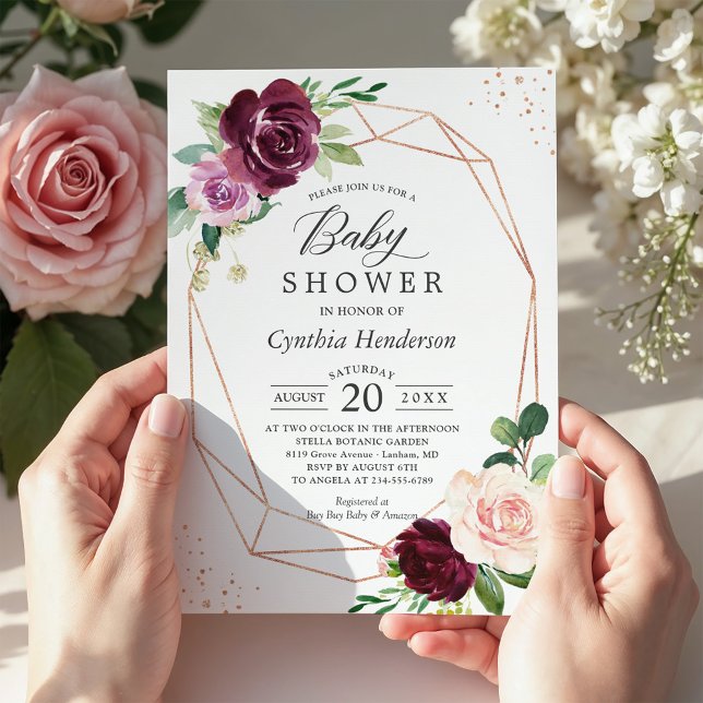 Invitation Purple Love Floral Rose Gold Confetti Baby shower (Créateur téléchargé)