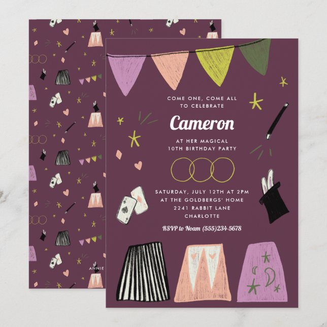 Invitation Purple Magic Show Kids Birthday (Devant / Derrière)