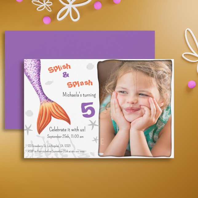 Invitation Purple Mermaid Tail Splash Summer Girl Anniversair (Purple Mermaid Tail Splash Summer Girl Birthday Invitation)