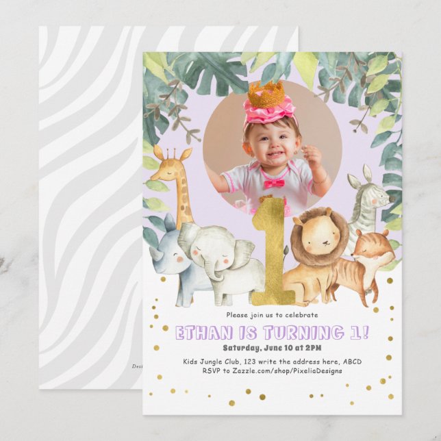Invitation Purple mignon animaux Fille photo de premier anniv (Devant / Derrière)