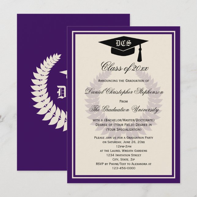 Invitation Purple Monogram Laurel Classic College Graduation (Devant / Derrière)