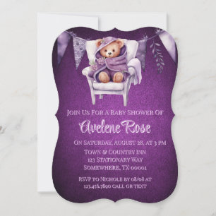 Invitation Purple mou Teddy Ours Fille Baby shower