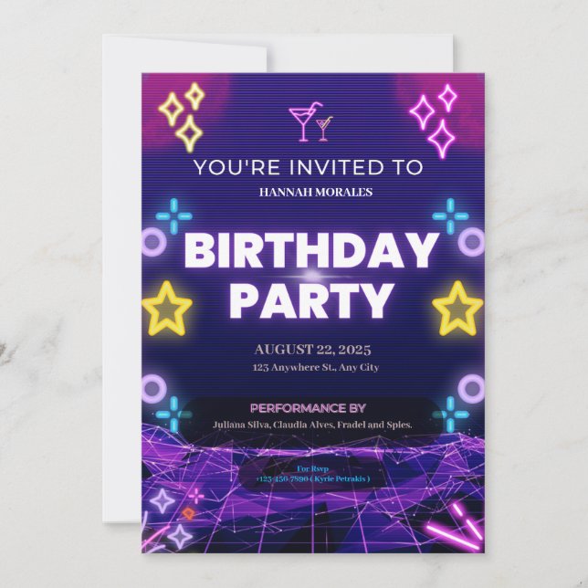 Invitation Purple Neon fête d'anniversaire (Devant)