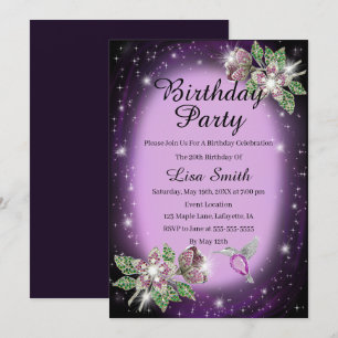 Invitation Purple N'Importe Quel Âge Bling Floral Bird Annive