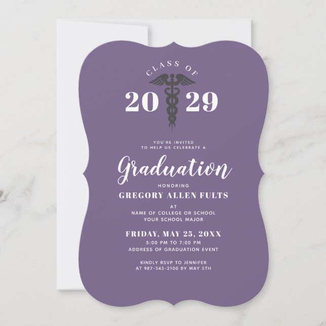 Invitation Purple Nurse RN Graduation Médicale Caduceus (Devant)