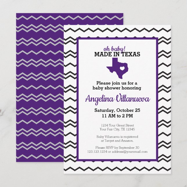 Invitation Purple Oh Bébé ! Chevron Fabriqué au Texas Douche (Devant / Derrière)