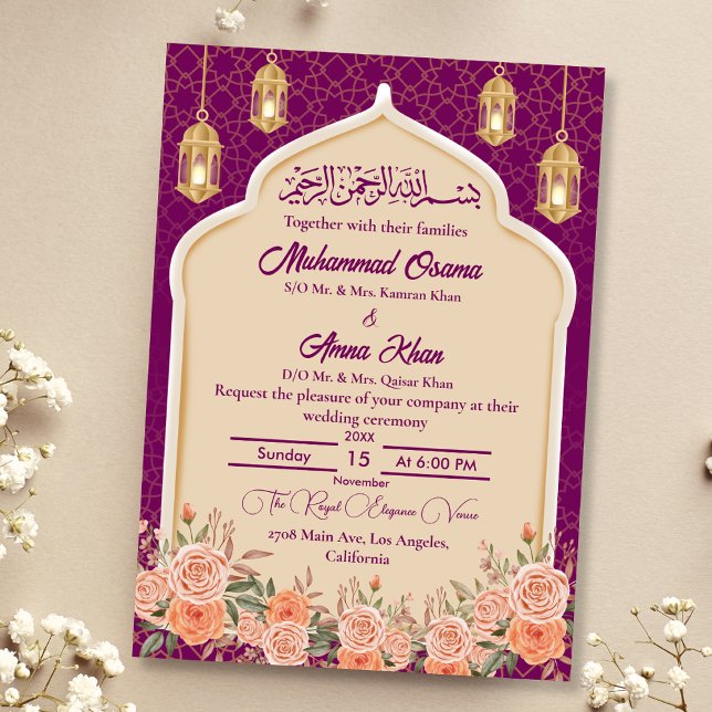 Invitation Purple or Floral musulman musulman Mariage (Créateur téléchargé)
