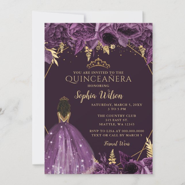 Invitation Purple Or Floral Tan Princess Quinceañera (Devant)