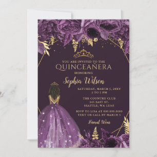 Invitation Purple Or Floral Tan Princess Quinceañera