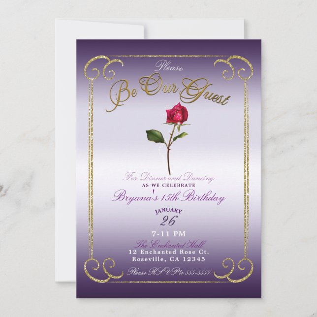 Invitation Purple & Or Rose Rouge Beauté Anniversaire (Devant)