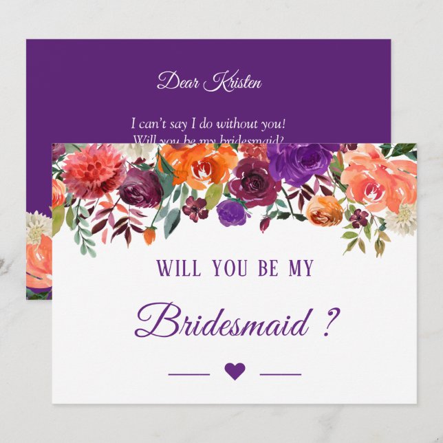 Invitation Purple Orange Rouge Floral Serez-Vous Ma Femme D'A (Devant / Derrière)