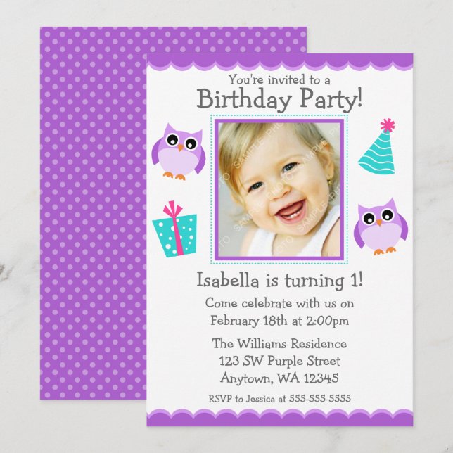 Invitation Purple Owl Party 1er Birthday Girl Photo (Devant / Derrière)