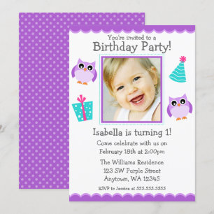 Invitation Purple Owl Party 1er Birthday Girl Photo