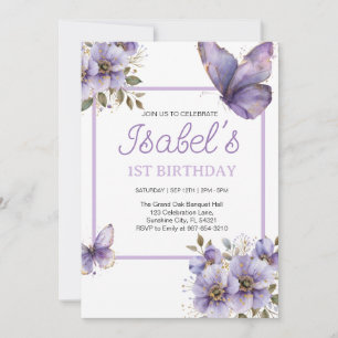 Invitation Purple papillon premier anniversaire, fleurs Invit