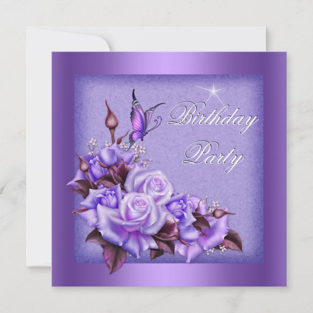 Invitation Purple papillon Rose Floral fête d'anniversaire 2 (Devant)