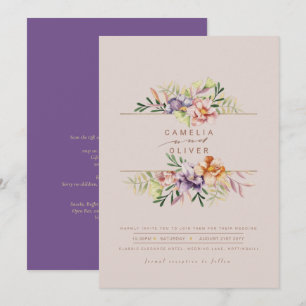 Invitation Purple Peach Summer Floral Wedding Inviter QR Code