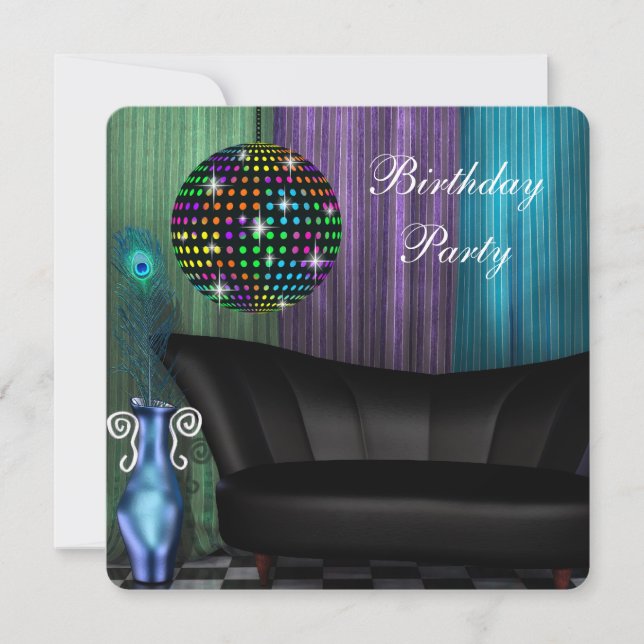 Invitation Purple Peacock Mirror Ball Disco Anniversaire (Devant)