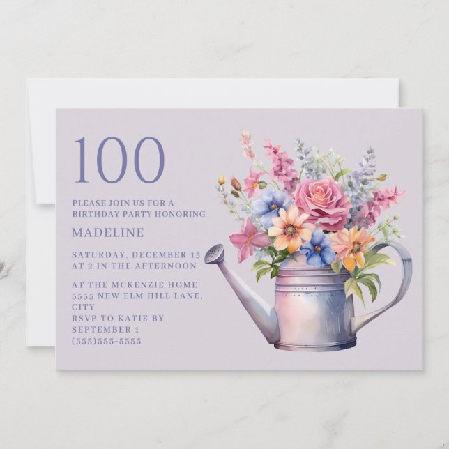 Invitation Purple Pêche arrosage floral Can 100e anniversaire (Devant)