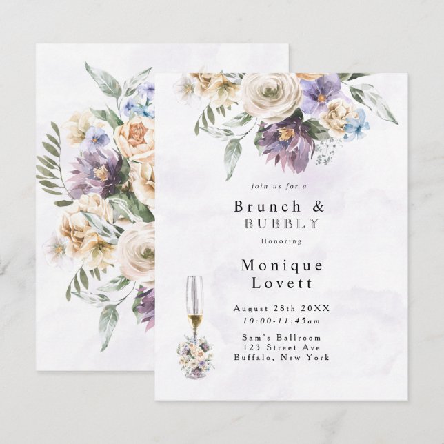 Invitation Purple Peony Fleurs sauvages Brunch et Bubbly (Devant / Derrière)
