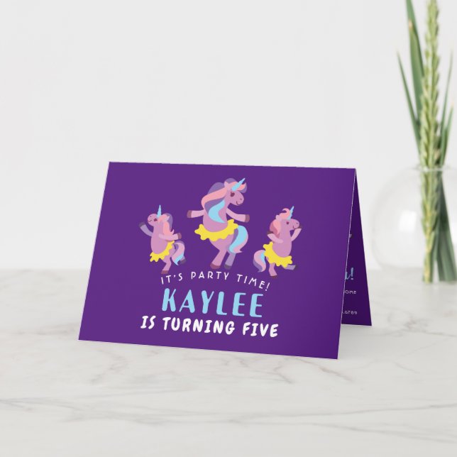 Invitation Purple Pink Dancing Unicorn Enfants Photo Annivers (Devant)