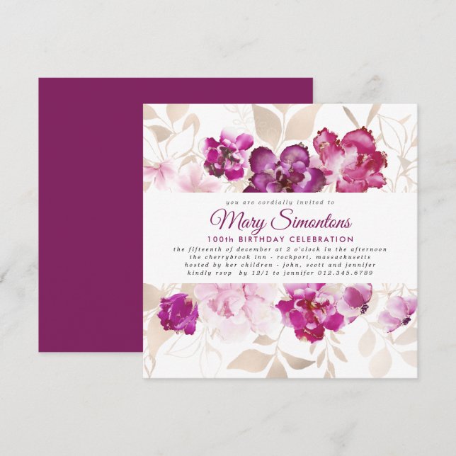 Invitation Purple Pink Gold Floral 100e fête d'anniversaire (Devant / Derrière)