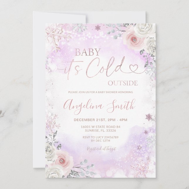 Invitation Purple Pink It’s Cold Outside Winter Baby Shower  (Devant)