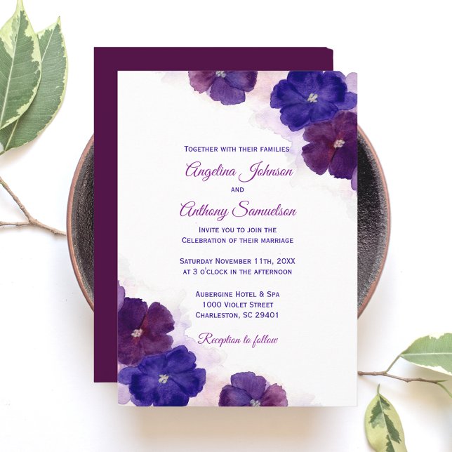 Invitation Purple Plum Royal Blue Aquarelle Mariage Floral (Purple Plum Royal Blue Watercolor Floral Wedding Invitation)