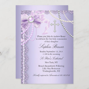 Invitation Purple Pretty Pearl Bow Cross Première Sainte Comm